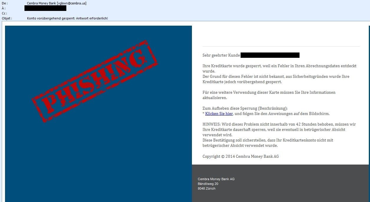 WARNUNG PhishingMail zur KontoVerifizierung mit Absender Cembra