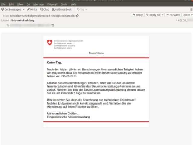 Gefälschten E-Mails im Namen der Eidgenössischen Steuerverwaltung