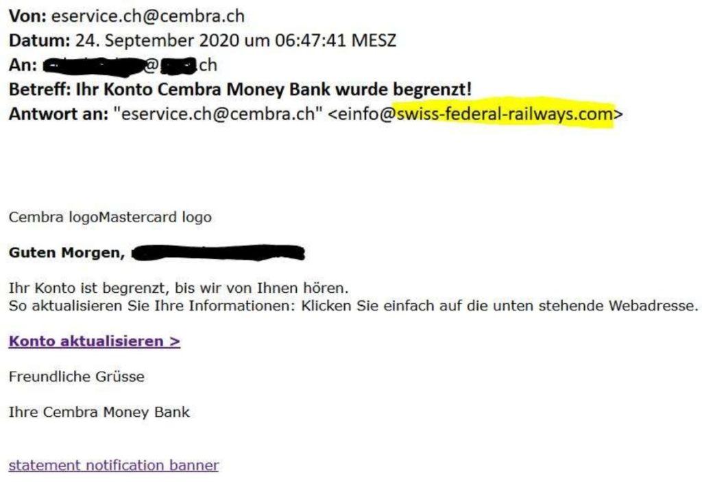 Zürich ZH - Fake-Mails im Namen der Cembra Money Bank