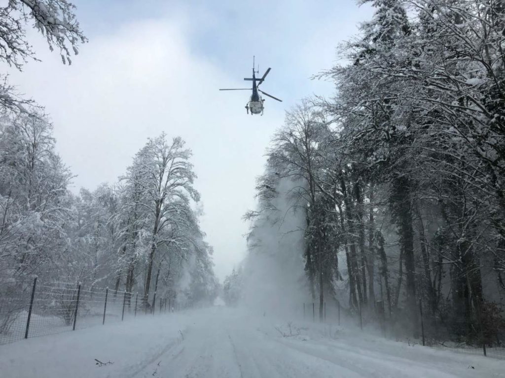 Bülach ZH: Polizei-Helikopter bläst Schnee von den Bäumen